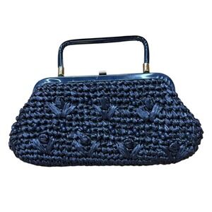 Vintage Navy Blue Straw Woven Kiss Lock Handbag Lucite Style Handle Small